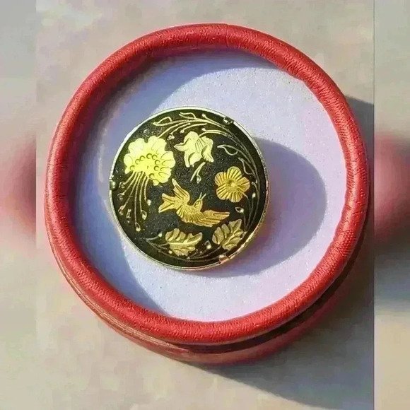 Antique Jewelry - Vintage Damascene  brooches gold tone with black background gold flower and bird